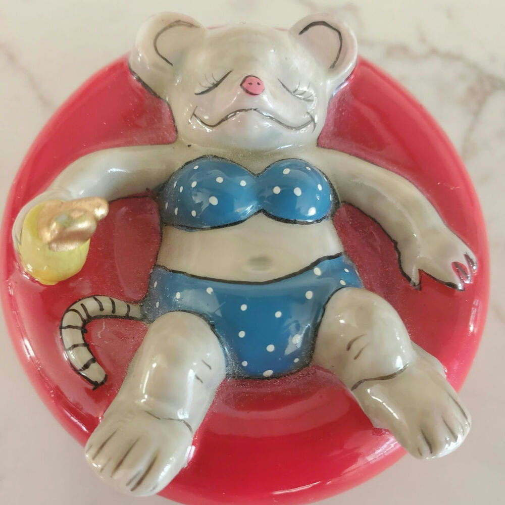 Vintge Girl Mouse Polka Dot Bikini on Red Float Porcelain Box with Accessories